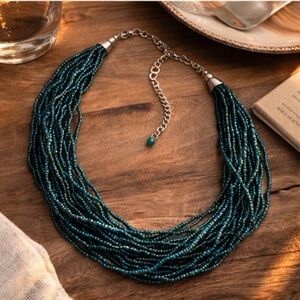 Vintage 90s Teal Multi Strand Seed Bead Necklace Artisan Boho